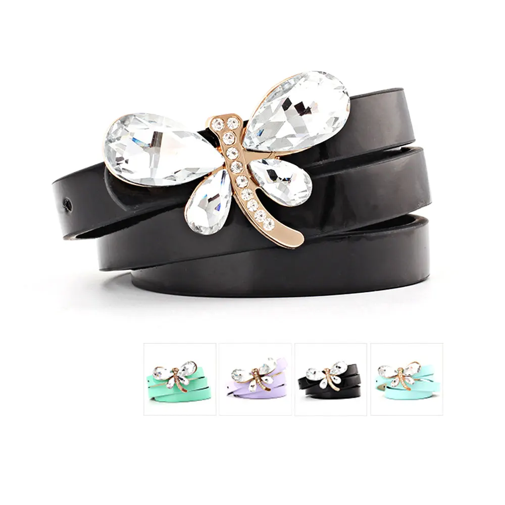 

1Pcs Women PU Leather Belt 103cm Length Dragonfly Rhinestone Leather Belt for Jeans