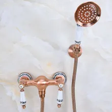 

Antique Red Copper Brass Bathroom Hand Held Shower Head Faucet Set Mixer Tap Dual Ceramic Handles mna302