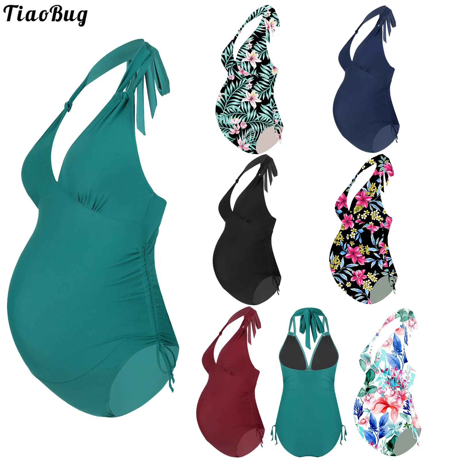 TiaoBug Summer Floral Print Maternity Bikini Swimsuits One Piece V-Neck Pregnancy Swimwear Halter Swimming Pool Bathing Jumpsuit