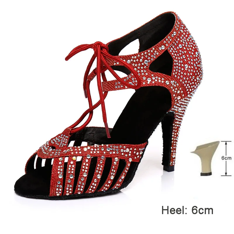 6cm heels Red HROYL Для женщин Латинская танцевальная обувь для девушек и женщин; с Стразы Танго Танцы, высота каблука 10/9/8,5/7,5/с высотой каблука 6 см оптовик - Цвет: 6cm heels Red