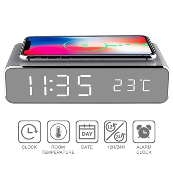 

Electric LED Alarm Clock With Phone Wireless Charger Desktop Digital Thermometer Clock HD Mirror Clock With Date 12/24 h Switch