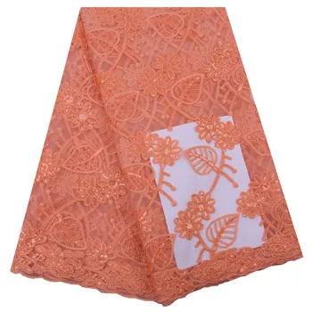

Latest Nigerian Milk Silk Lace Fabric 5 Yards African French Lace Fabric With Sequins Orange Mesh Laces For Dress Party 1762