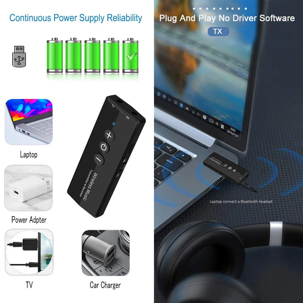 Bluetooth Audio Receiver Transmitter V5.0 Wireless Audio Dongle RCA 3.5mm Jack Aux 3 in 1 Adapter for Home TV Headphone PC Car