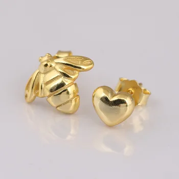 

Authentic S925 Shine Bee And Heart Stud Earring For Women Wedding Party fit Lady Fine Jewelry