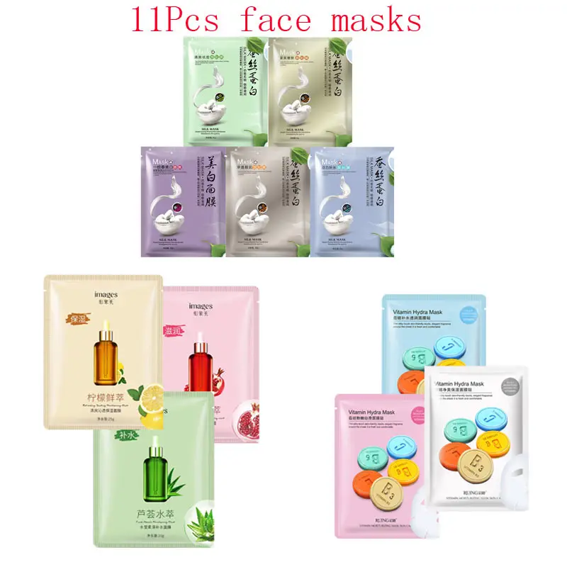 

11Pcs mixed Silk protein Lemon pomegranate vitamin Face Mask extraction Moisturizing Anti-Aging Facial Masks korean care skin
