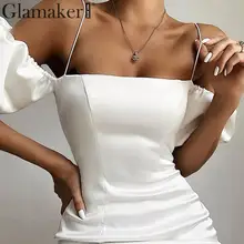 Glamaker, сексуальное сатиновое платье с рюшами, с открытой спиной, белое, vestidos, женское, розовое, с пышными рукавами, элегантное платье, осенняя мода, вечерние, короткое платье