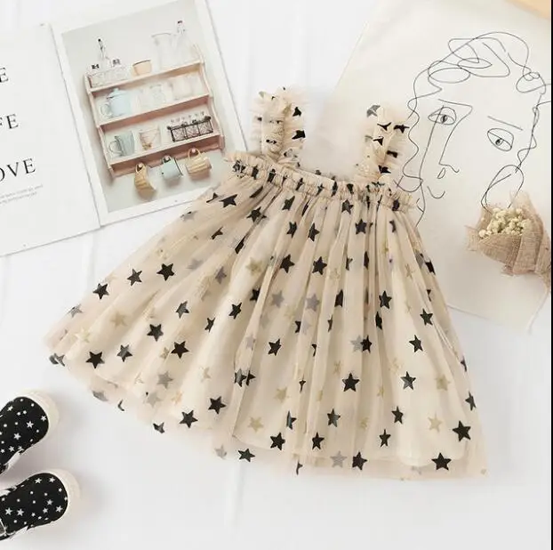 Фатиновые платья с тонкими лямками для девочек; Детские праздничные платья с принтом звезд; Модное детское платье принцессы; Одежда для девочек