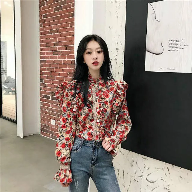 Women 2020 spring Vintage Floral Shirt Long Puff Sleeve Stanf Neck Blouse Single Breasted female Korean Elegant Blusas Tops 3