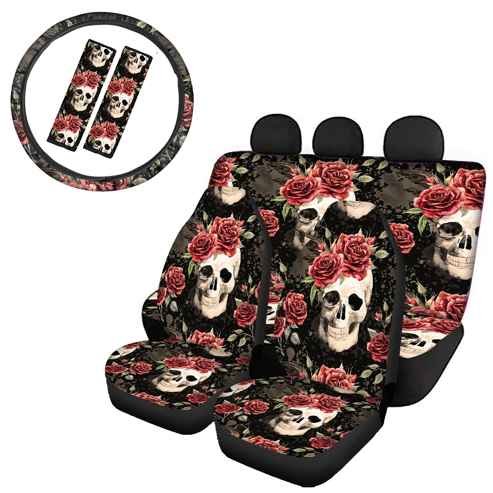 

INSTANTARTS Sugar Skull Pattern Car Seat Covers Universal Car Steering Wheel Cover Fashion Car Accessories Seat Belt Sets Covers