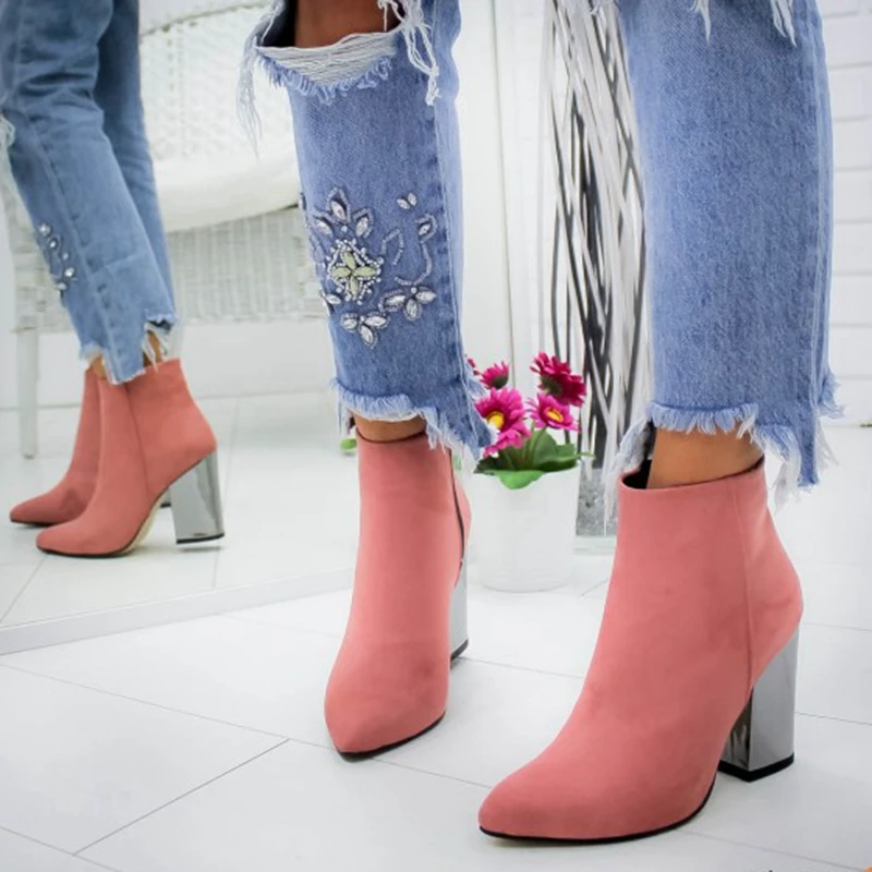 PUIMENTIUA/Европейские ботинки с острым носком для девочек Однотонные женские ботинки из флока осень-зима г. Новая обувь на высоком каблуке