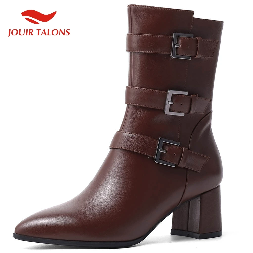 

JOUIR 2020 Genuine Cow Leather Pointed Toe Ankle Boots Woman Shoes Zip Up Chunky Heels Buckles Sheos Women Boots Female