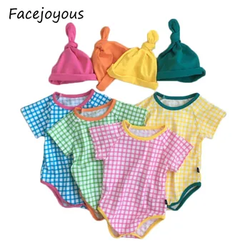 

2020 Summer Newborn Baby Plaid Bodysuits With Hats Infants Girl Clothes Toddlers Sunsuit Cute Kids Boys Jumpsuits