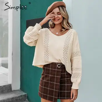 

Simplee Hollow out pullover sweater women autumn winter o-neck female sweater Casual soft lantern sleeve ladies jumper sweater