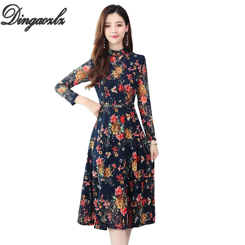 Dingaozlz L-5XL новое платье с длинными рукавами и принтом элегантное женское платье большого размера модное кружевное платье с длинными рукавами Vestidos