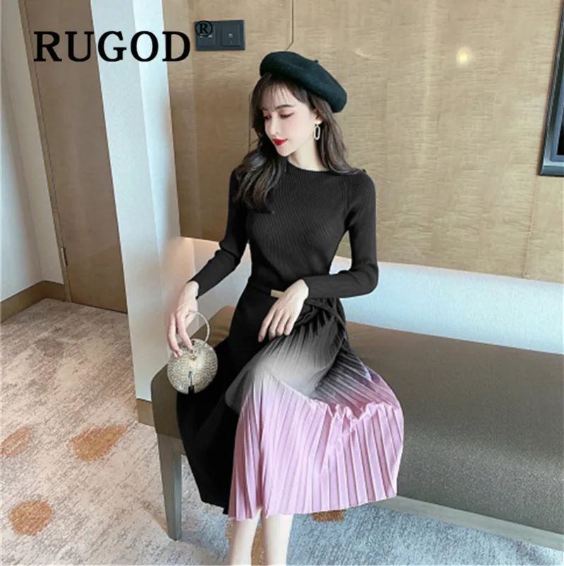 RUGOD, винтажное лоскутное вязаное женское платье, модное, тонкое, плиссированное, Осень-зима, длинное женское платье, платья с поясом