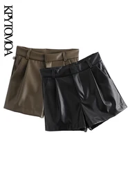 Kpytomoa moda feminina chique bolsos laterais falso shorts de couro do vintage cintura alta zíper voar feminino calças curtas mujer
