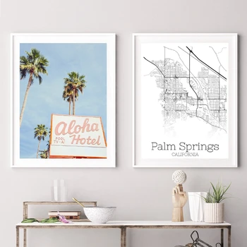 

Palm Springs Map Posters and Prints Aloha Hotel Sign Art Canvas Painting Pictures Mid Century Modern Decor Guest Room Decoration