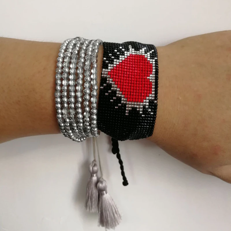 

SHINUSBOHO Silver Beads Pulseras Lukcy Red Heart Miyuki Bracelet for Women Chic Jewelry with Tassel Charm Bangles Bracelets Men