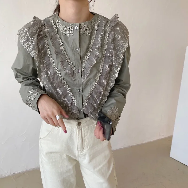 REALEFT Spring Lace Patchwork Women's Shirts Female Blouse Long Sleeve Stand Collar Korean OL Style Women Elegant Blouses