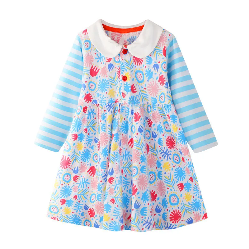Jumping платья с длинными для маленьких девочек воротник хлопок детская одежда осень весна принцесса Мода Дизайн Дети платья для девочек - Цвет: T7083 blue
