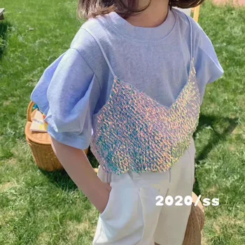 

Girls' bubble sleeve fake two-piece T-shirt 2020 summer new girl super beautiful short sleeve foreign style