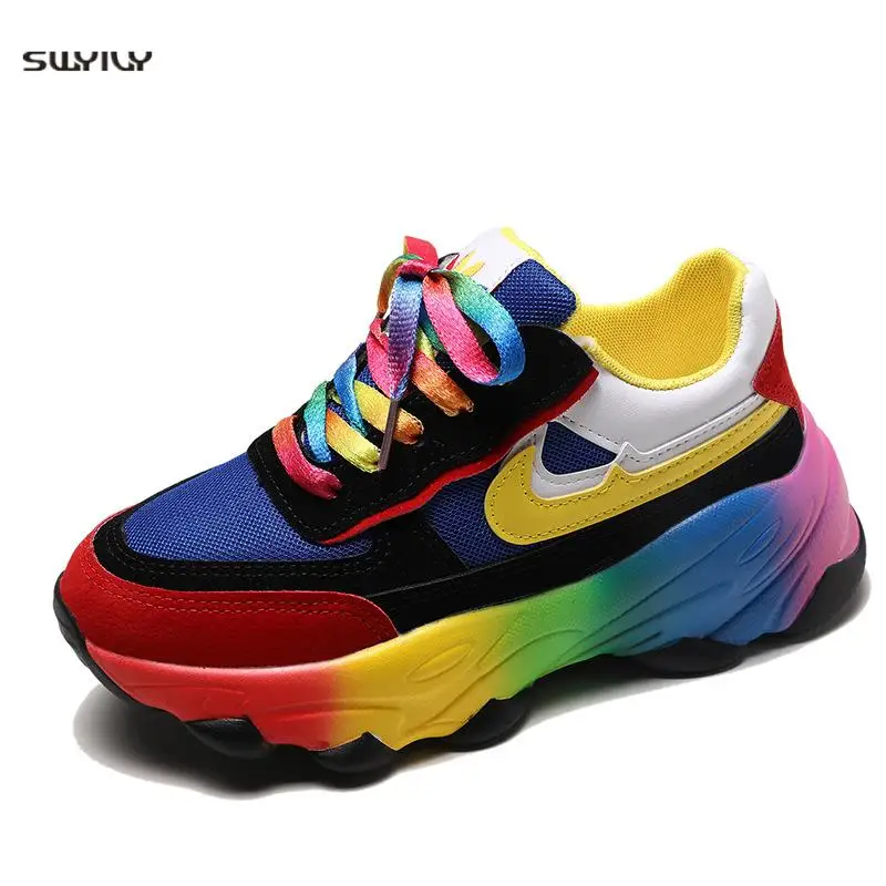 

Women's Vulcanize Shoes Platform Flats Lace-Up Mesh Breathable Mixed Color Sneakers Thick Bottom Ladies Platform Women Sneakers
