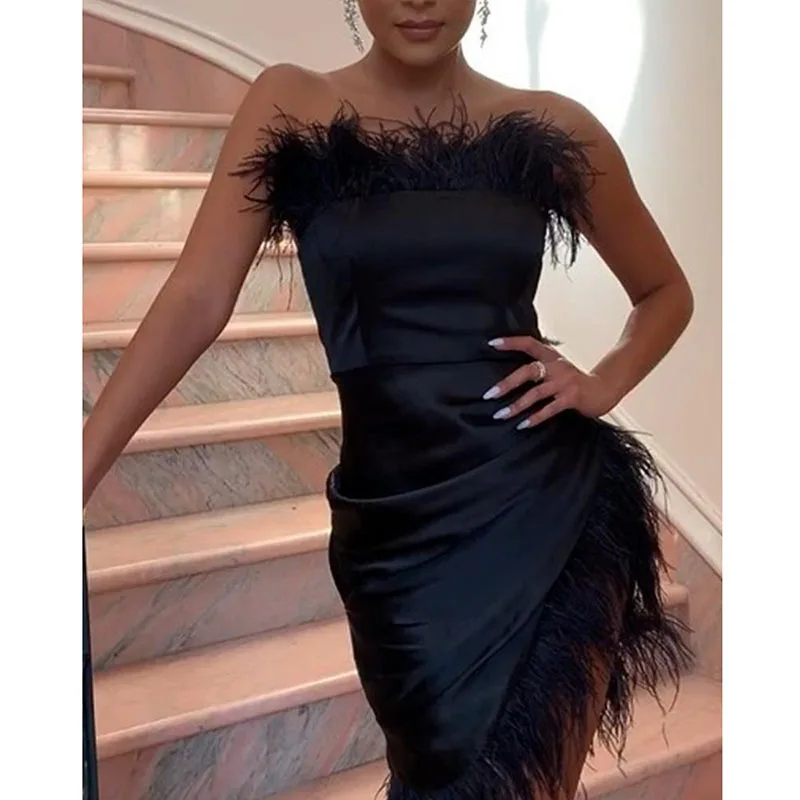 

Faux Fur Hem Off Shoulder Dress Women Strapless Irregular Sexy Party Dress Black Vestidos De Verano