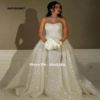 

SATONOAKI 2020 Sparkling Sequins Lace Wedding Dresses Strapless Arabic Style Country Bridal Gowns Vestidos De Novia Wedding gown