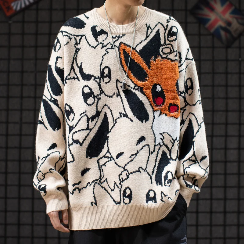 Japan Anime Eevee Sweater Cartoon Cute Men Fashion Round Collar Loose Knitwear Woolen