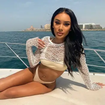 

Women Fishnet Mesh Crop Top Bikini Set Swimwear Cover Up Sheer Long Sleeve Shirt
