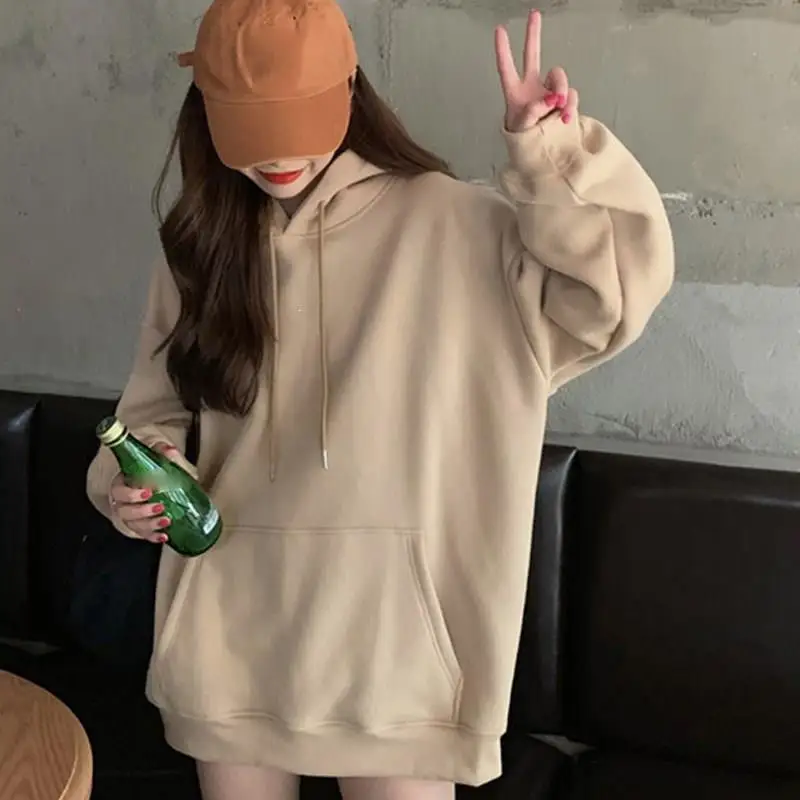 Осень зима мода сплошной цвет Harajuku пуловер плюс бархат толстые свободные женские толстовки кофты с капюшоном Женская Повседневная