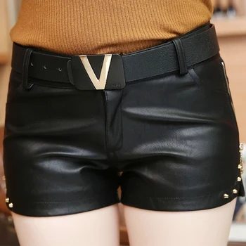 

Korean Slim Zipper Rivet Low Waist Shorts Women 2019 Autumn Winter With Belt Fashion PU Sexy Leather Black Short Feminino B9N209