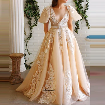 

Evening Dresses Appliques Prom Dress Tulle Deep V Illusion Robe De Soiree Occasion Party Dress Custom Made Draped Sashes Gown
