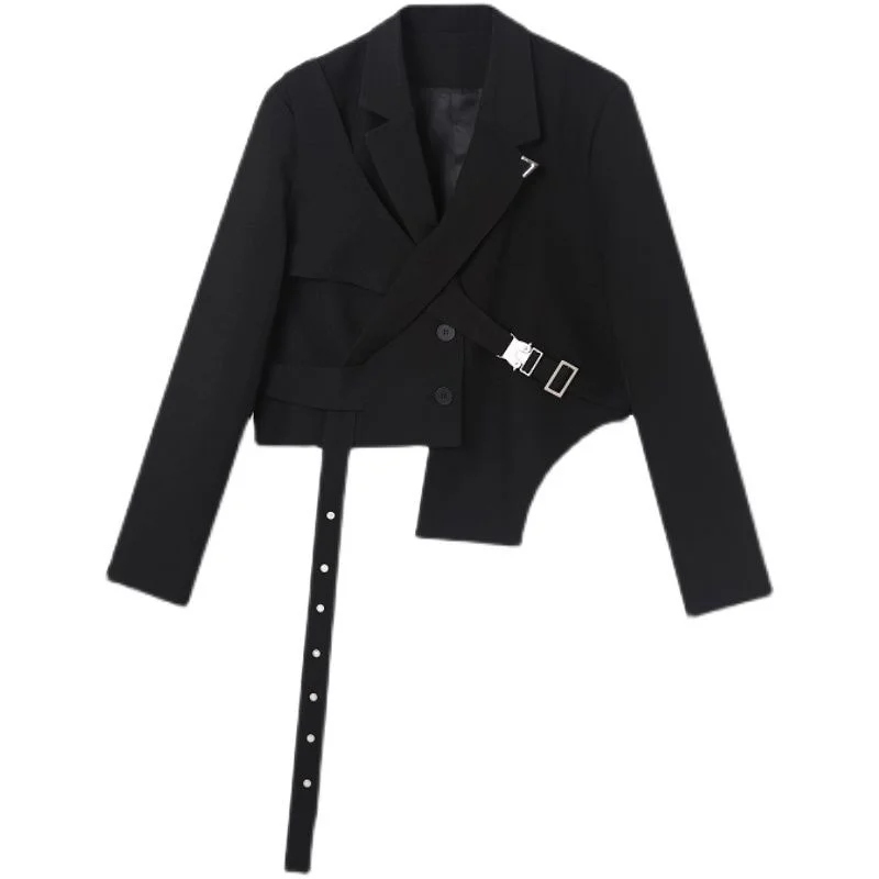IEFB Men's Chic Short Blazer New Autumn Detachable Two-piece Suit Coat Irregular Hem Fashion Design Black Jacket 9Y9250