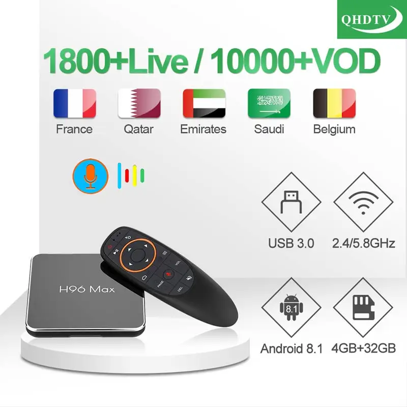 

Android IPTV Spanish French smart tv box H96 MAX 1 Year QHDTV Code S905X2 4G 32G BT 4.0 IPTV Benelux India Tunisia Germany box