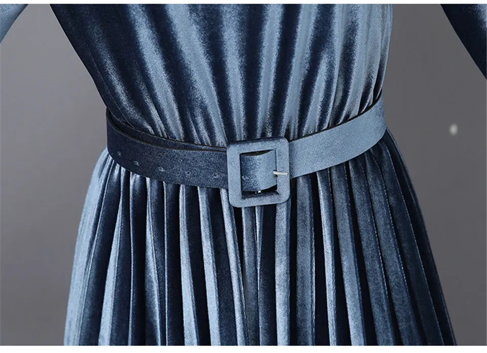 Retro Elegant Dress Women Autumn Winter Pink Velvet Dress Female Solid O-Neck Party Pleated Dress Vestidos with belt