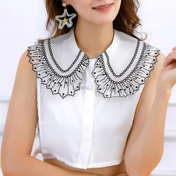 

Womens Blouse Sweater Decorative Lapel Fake Collar Polka Dot Embroidery Lace Chiffon Detachable Half Shirt Tie Button Apparel