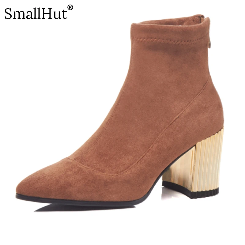 

High Heel Ankle Boots New Women Autumn Ladies Fashion Square Heel E201 Elegant Woman Black Dark Brown Pointed Toe Short Boots