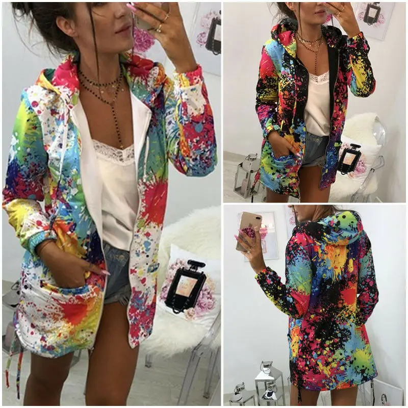 

New Women Long Hooded Floral Windbreaker Parka Jacket Coat Outwear Top Printed Long Coat