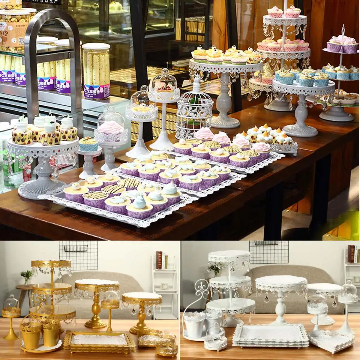 

Modern Crystal Cake Stand Set Metal Holder Cupcake Dessert Stand Birthday Party Wedding Display Pedestal Decoration Gold White