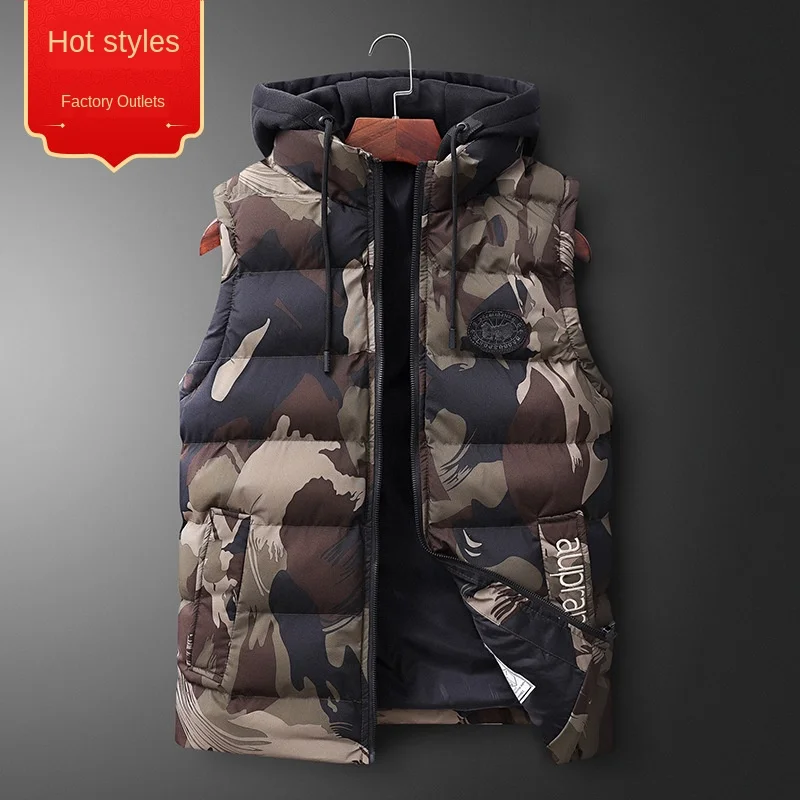 

Casual Men's Plus Size Vest Autumn and Winter Male Detachable Hat Camouflage Pattern Warm Vest Youth Student Trend Vest Jacket