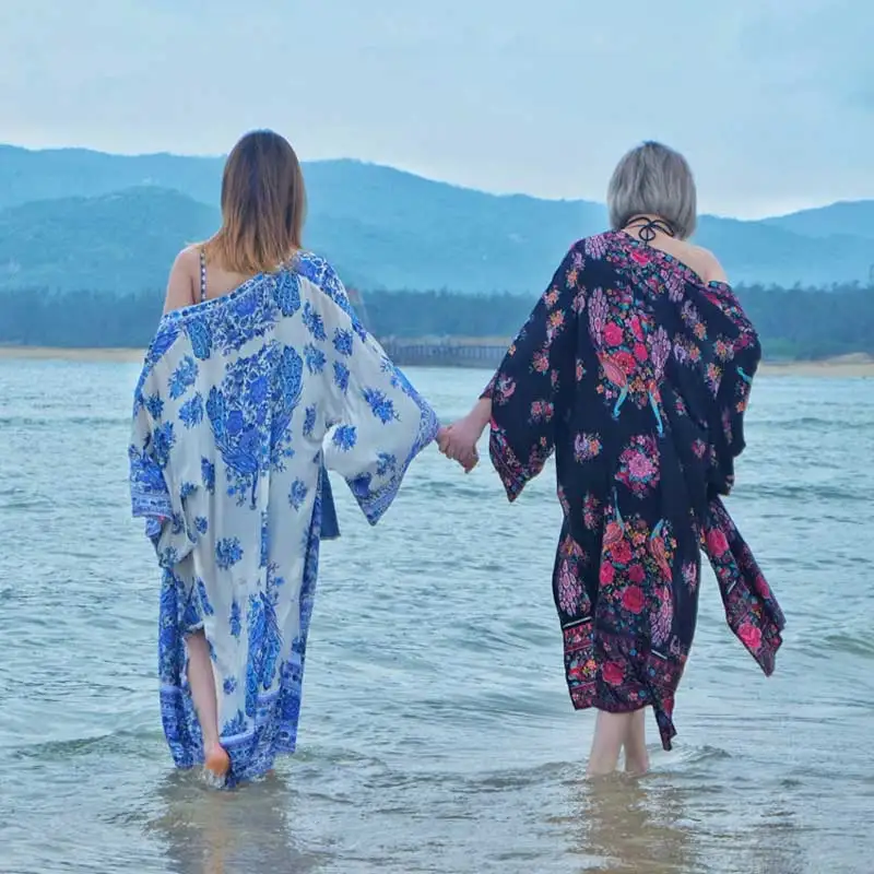 Богемный Вдохновленный Феникс Цветочный Принт Длинное кимоно блузка с разрезом по бокам Кардиган женские летние топы Макси пляжные Блузы цыганский шик