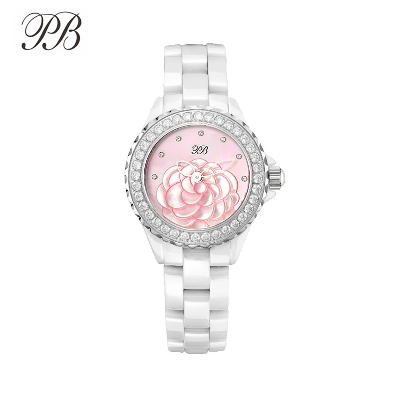 

PB Women's Watches 2019 Pink Natural Pearl Flower Dial Wristwatch Quartz Waterproof Ceramic Strap Fashion Reloj Mujer