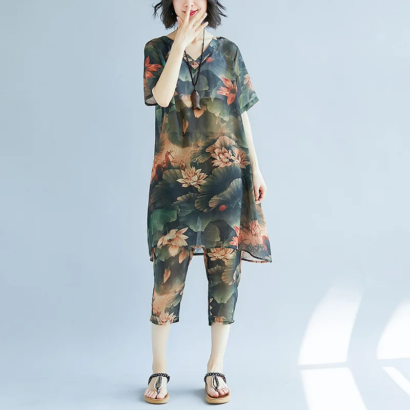 

Photo Shoot 2018 Summer New Style Chiffon Two-Piece Set Short Sleeve Capri Pants Large Size National Wind WOMEN'S Dress