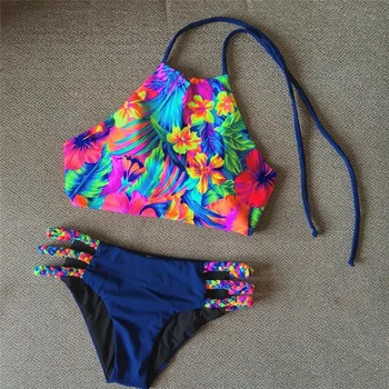 

Cheap Ruffle Bikini Set Women Floral Print Swimsuit Sexy Backless Swimwear High Waist Bikinis Bathing Suit Beachwear Biquinis