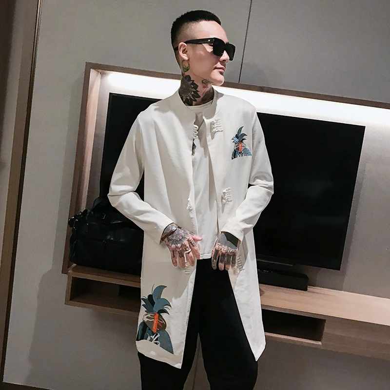 

Chinese Style Long Jackets Mens Red Casacos Longos 2019 Autumn Long Coat Mens Mandarin Collar Men Jacket Summer White New Jacket