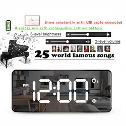 TXL светодиодный Будильник с зеркалом, 25 песен всемирно известный, перезаряжаемый, звук активированный, управляемая яркость и громкость 2019