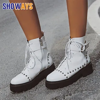 

2021 Winter Plush Women Platform Martin Boots Black White High Block Heel Round Toe Buckle Lace-up Lady Rivet Combat Ankle Boots