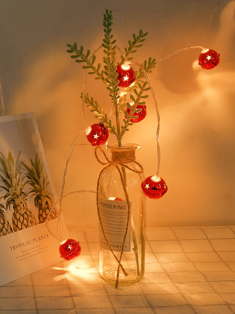 New 10 LED Christmas Red Metal Bell Shape Tree Ornaments Wedding Festival Party Room Decoration Supplies Battery Power