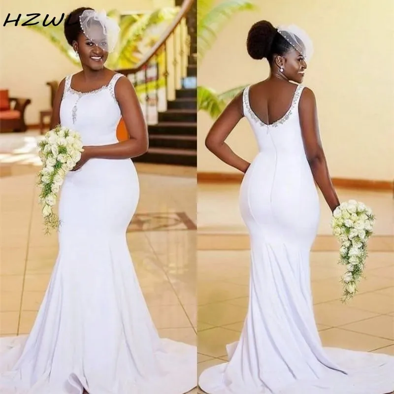 African Mermaid Bridesmaid Dresses Scoop Beads Sequins Plus Size Wedding Guest Dress Zipper Back Satin Maid Of The Honor Gowns